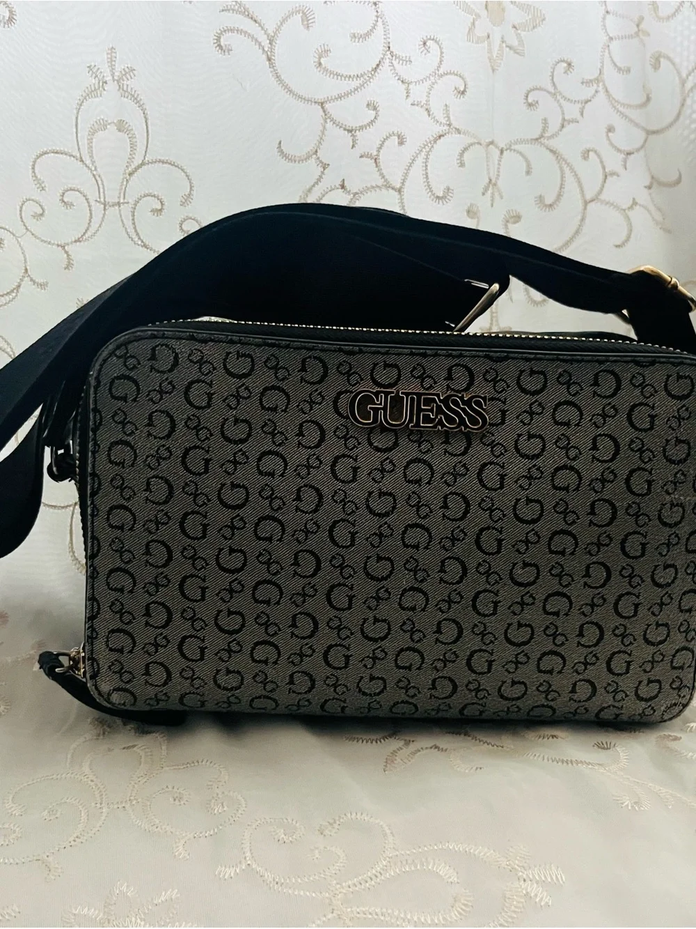 GUESS Monogram Messenger Bag in Beige and Black
